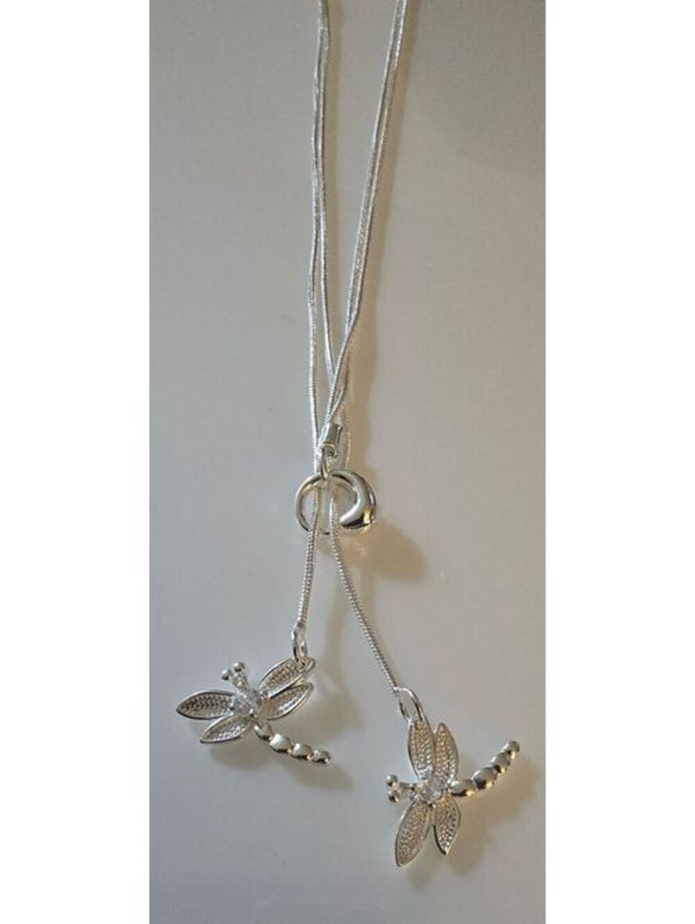 925 Sterling Silver Double Dragonfly Lariat Necklace Adjustable Y Drop 10g